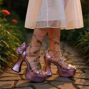 Club Exx ✦ Purple Glitter Butterfly Lace‑Up Platforms ✦ Ombre Wing Heels 8 NWT
